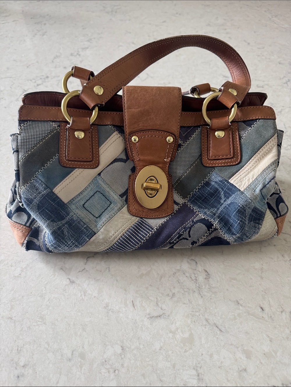 Coach Patchwork Denim and Brown Leather Satchel with Gold Hardware